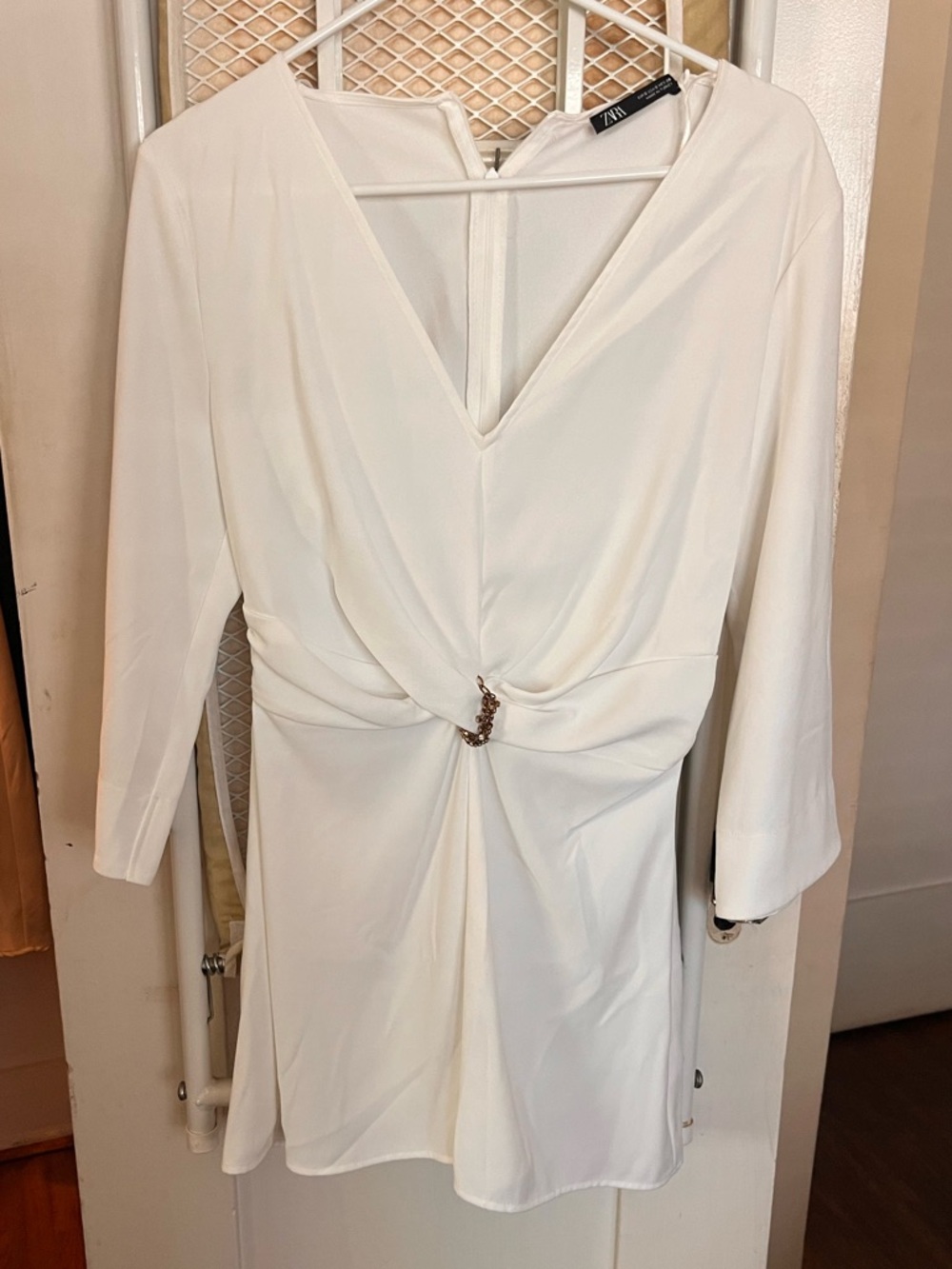 Zara White V-Neck Long Sleeve Twist-Front Jumpsuit